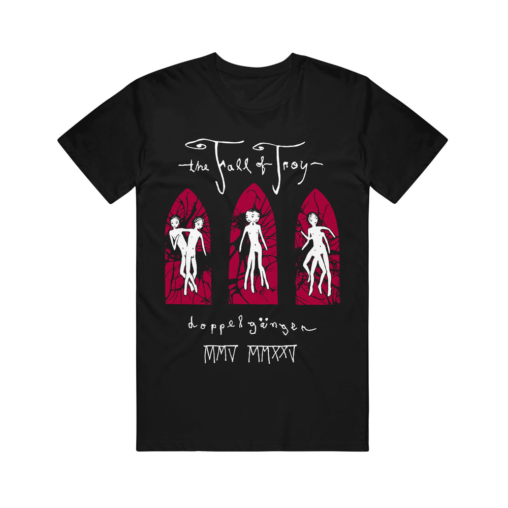 The Fall of Troy black T-shirt with three white figures before maroon stained-glass, "doppelgänger" and Roman numerals MMV MMXXIV printed below.