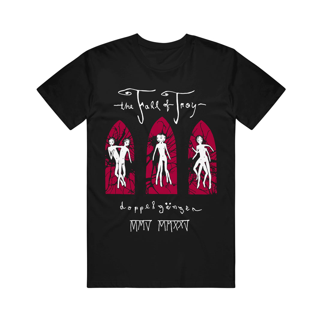 The Fall of Troy black T-shirt with three white figures before maroon stained-glass, "doppelgänger" and Roman numerals MMV MMXXIV printed below.
