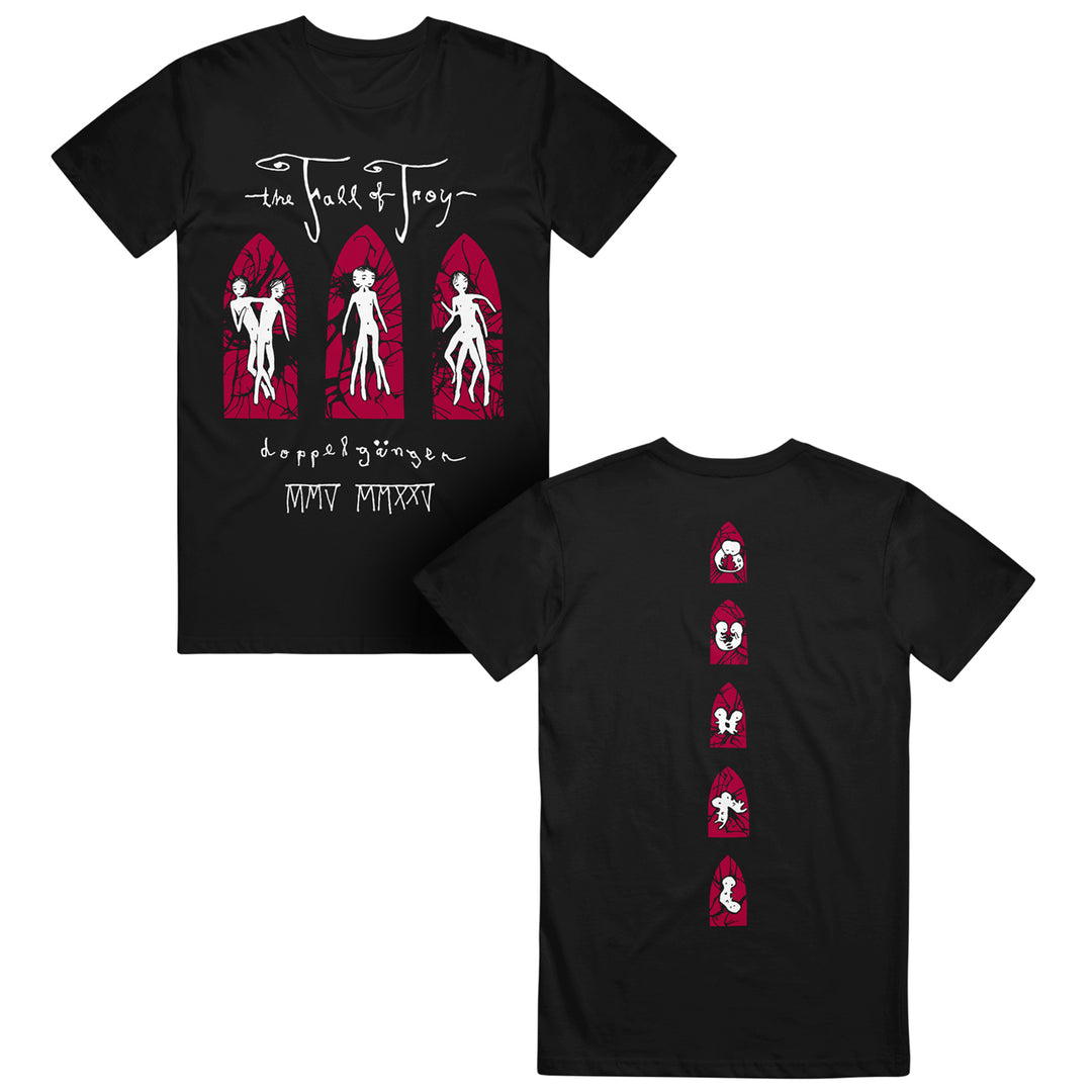 Black The Fall of Troy T-shirt with three white stylized figures in red arches and Gothic text on the front; back features five small figures in red arches stacked vertically down the center.
