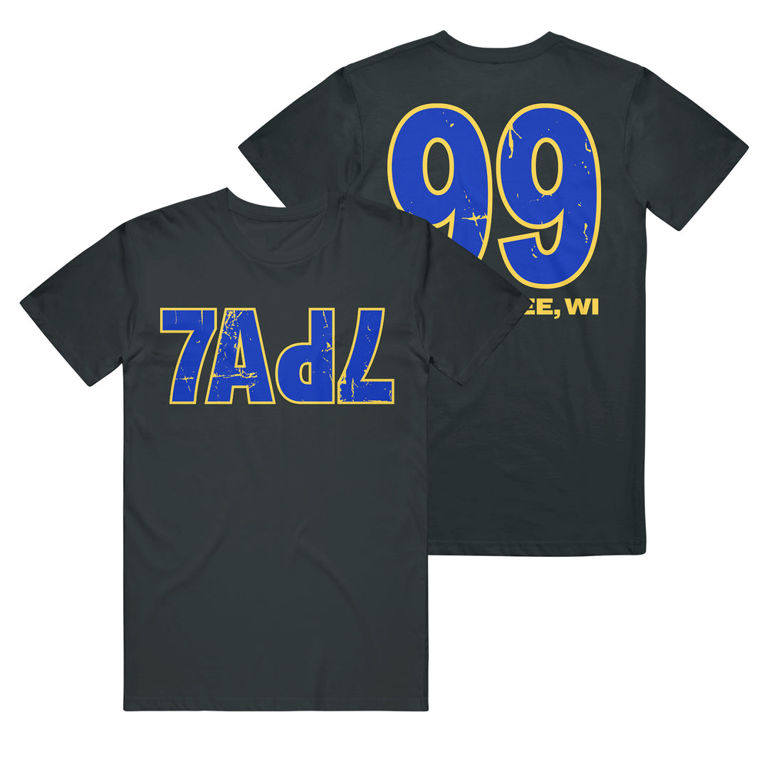 Relaxed fit black T-shirt shown from the front with 7ADL text and from the back with 99 above E, WI, all in distressed blue and yellow lettering on U.S. cotton.