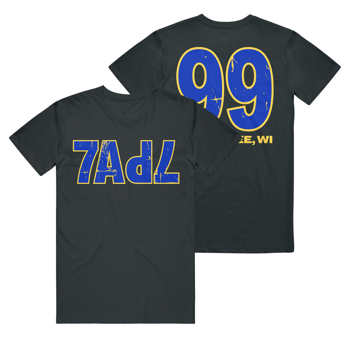 Relaxed fit black T-shirt shown from the front with 7ADL text and from the back with 99 above E, WI, all in distressed blue and yellow lettering on U.S. cotton.