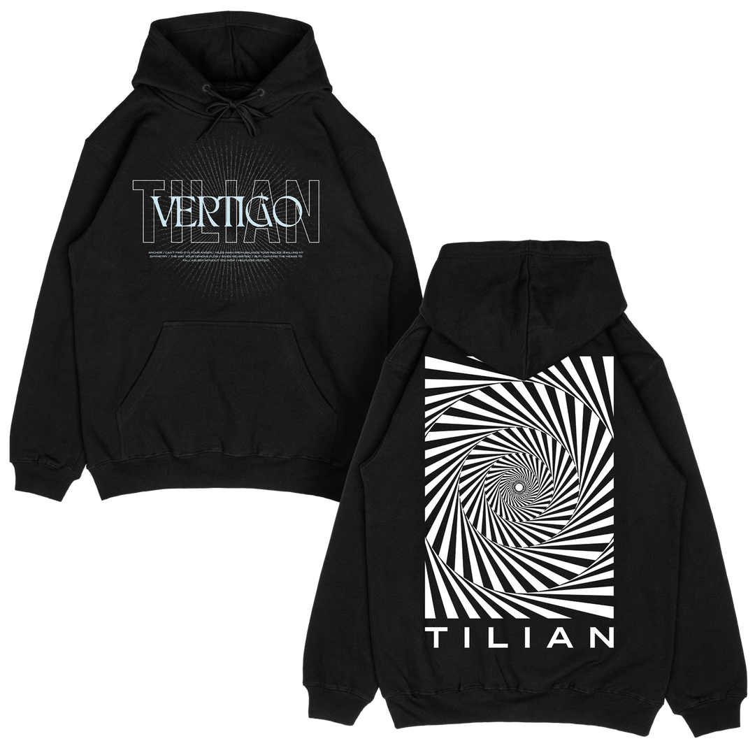 Black hoodie with 'Tilian' and 'Vertigo' text design on a white background