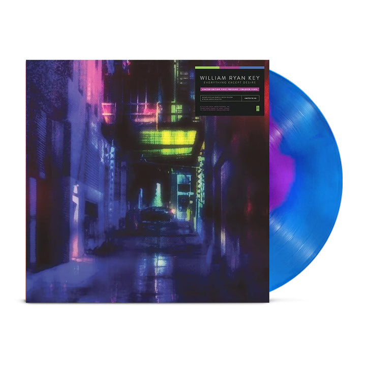 A blue marbled vinyl partially slides from its cover, displaying a neon-lit rainy city alley in Opaque Neon Magenta. The top right corner has an album info sticker for William Ryan Key’s Everything Except Desire. Brand: William Ryan Key.