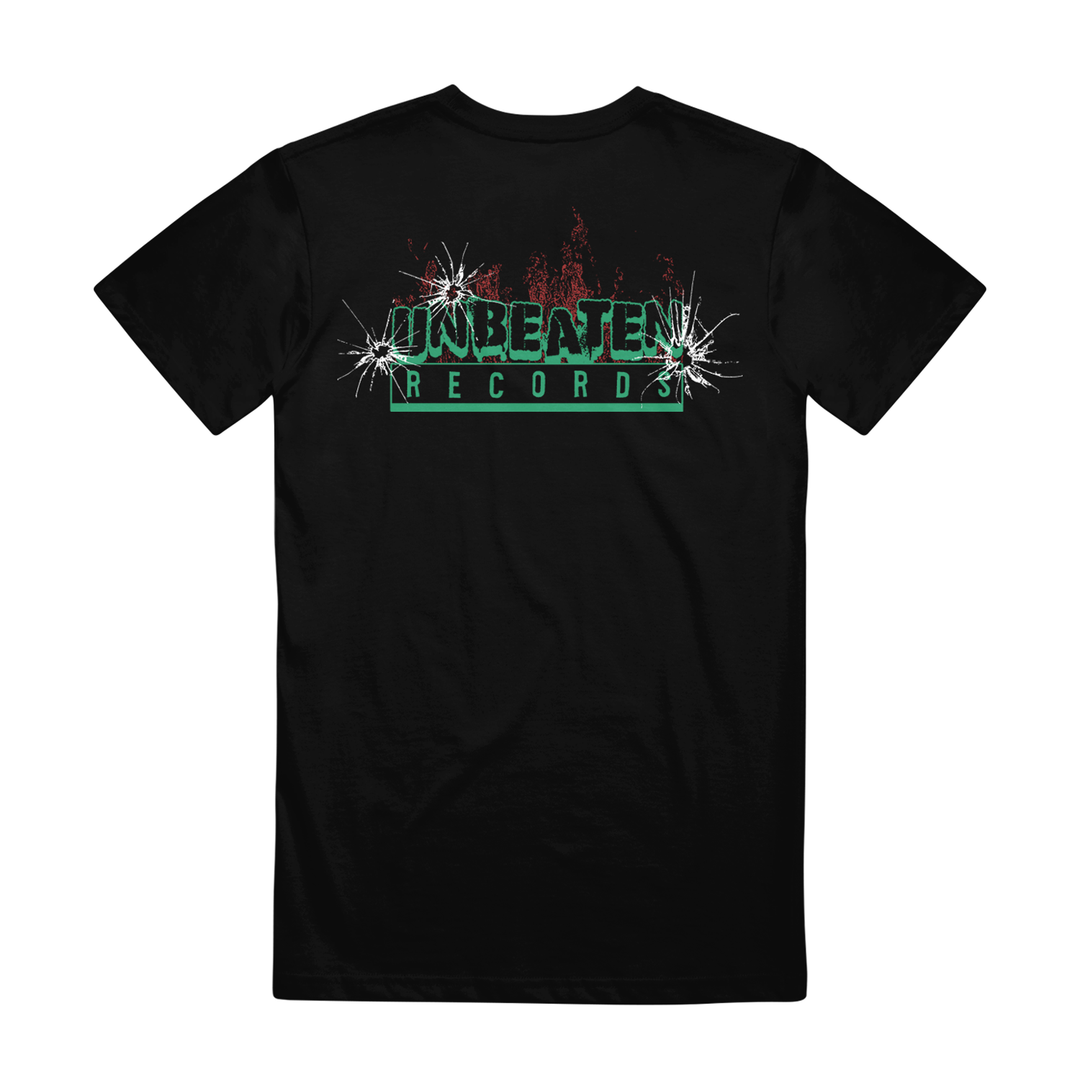 Black Gildan t-shirt by Wisdom & War with UNBEATEN RECORDS in green and white, plus bold bullet hole and blood splatter graphics above the back text—a striking pick for fans of printed tees.