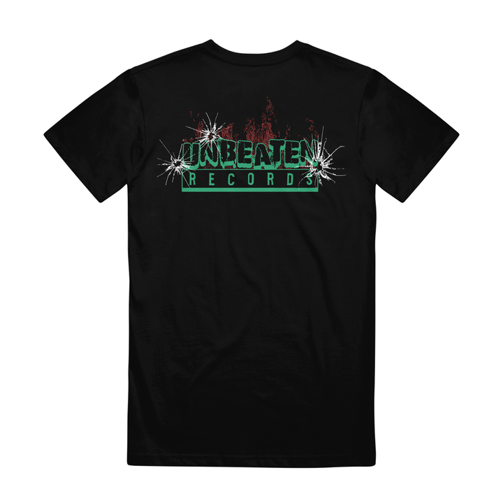Black Gildan t-shirt by Wisdom & War with UNBEATEN RECORDS in green and white, plus bold bullet hole and blood splatter graphics above the back text—a striking pick for fans of printed tees.