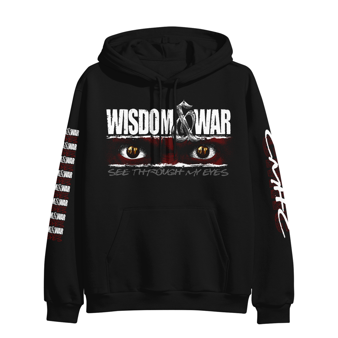 The Wisdom & War black heavyweight pullover hoodie features bold text, yellow animal eyes, “SEE THROUGH MY EYES” on the front, and sleek white/red sleeve designs. Pre-order now!.