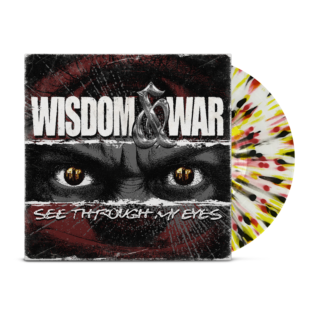 A yellow, red, and black splatter vinyl record sits in its cover, which features intense eyes with "WISDOM & WAR" above and "SEE THROUGH MY EYES" below. A striking Bloodline edition from Wisdom & War for fans of fierce sound.
