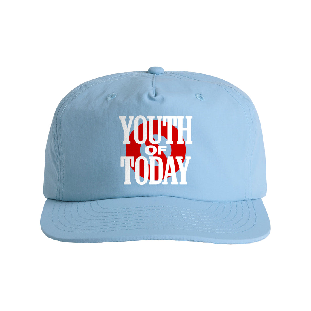 A light blue Youth Of Today surf cap featuring the brand name in bold white letters over a red circle on the front.