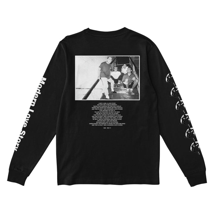 Black Youth Of Today heavy cotton long sleeve shirt with Modern Love Story on one sleeve, small white graphics on the other, and a large black-and-white photo of three people with white text on the back.