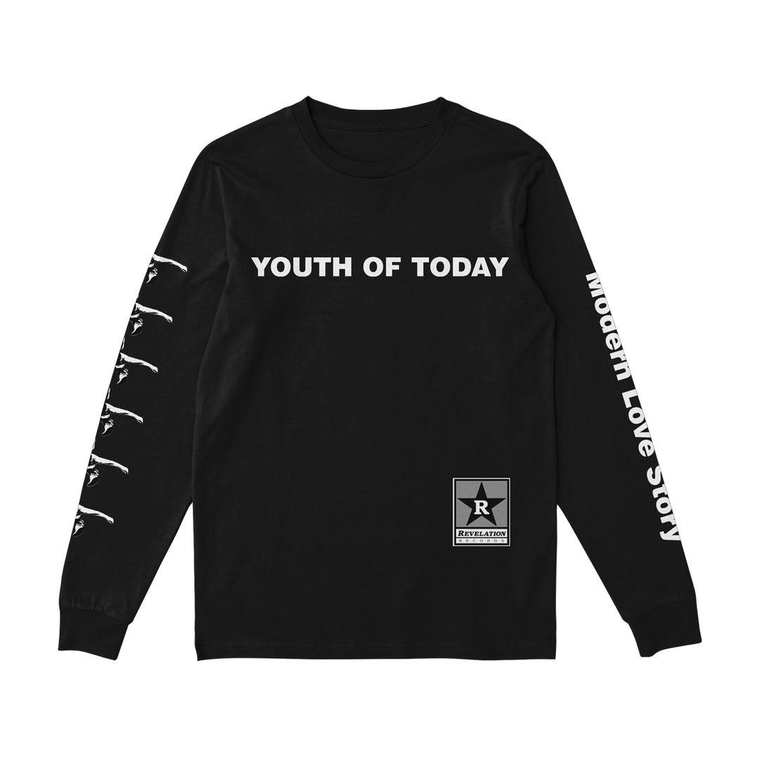 Black long-sleeve Gildan heavy cotton shirt by Youth Of Today with “YOUTH OF TODAY” in white on the chest, “Modern Love Story” on the right sleeve, white graphics on the left sleeve, and a Revelation Records logo near the bottom right.