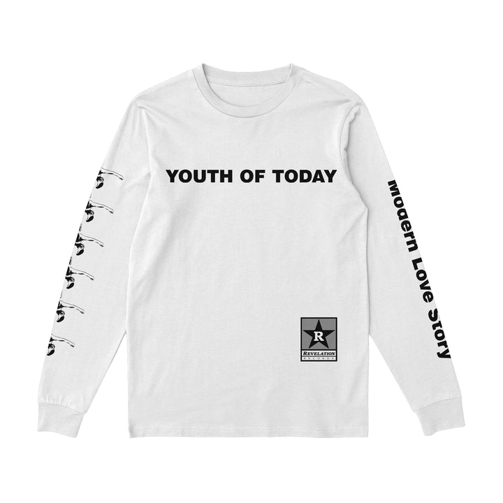 White Gildan heavy cotton long sleeve shirt by Youth Of Today with YOUTH OF TODAY on the chest, Modern Love Story on the right sleeve, black graphics on the left sleeve, and a small logo patch near the lower left hem.