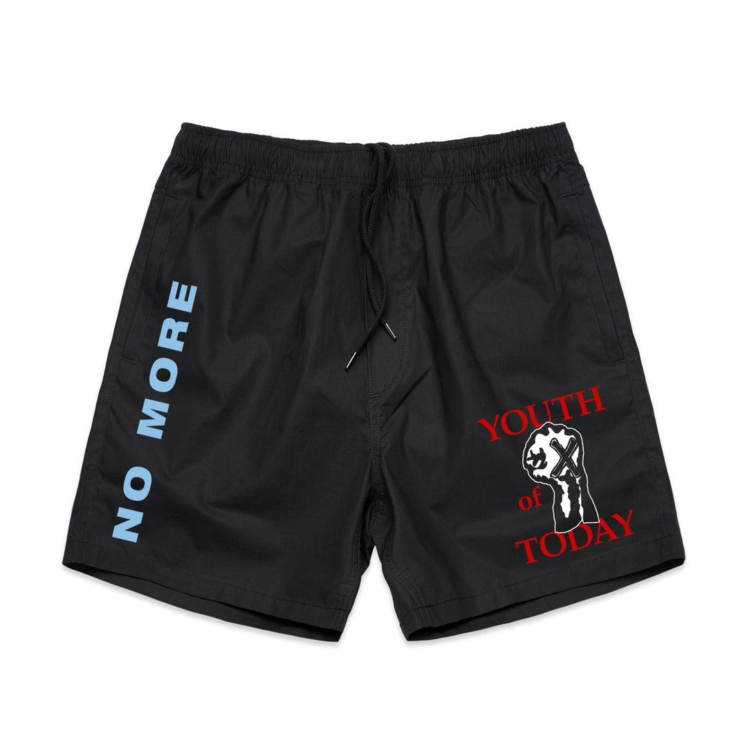 Youth Of Today black ASColour beach shorts with NO MORE in blue on the left leg and a red and white raised fist YOUTH of TODAY graphic on the right leg—bold, standout style.