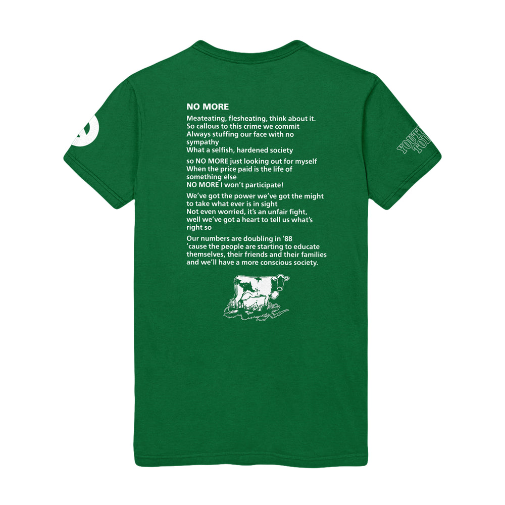 Youth Of Today green Gildan heavy cotton t-shirt with white text about animal rights and conscious living on the back, plus an illustration of a cow, pig, and chicken standing together below the poem.