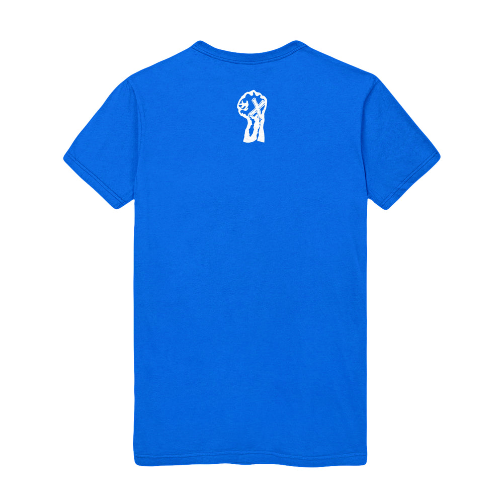 A royal blue Youth Of Today heavy cotton t-shirt shown from the back, featuring a small white raised fist graphic printed below the neckline.