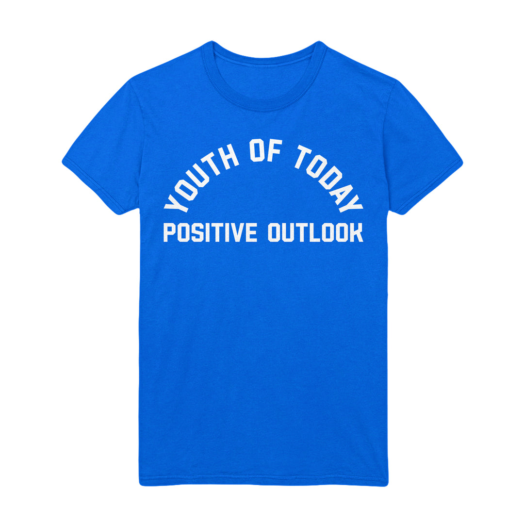 A blue heavy cotton Youth Of Today t-shirt featuring YOUTH OF TODAY and POSITIVE OUTLOOK in bold white arch-shaped letters across the chest.