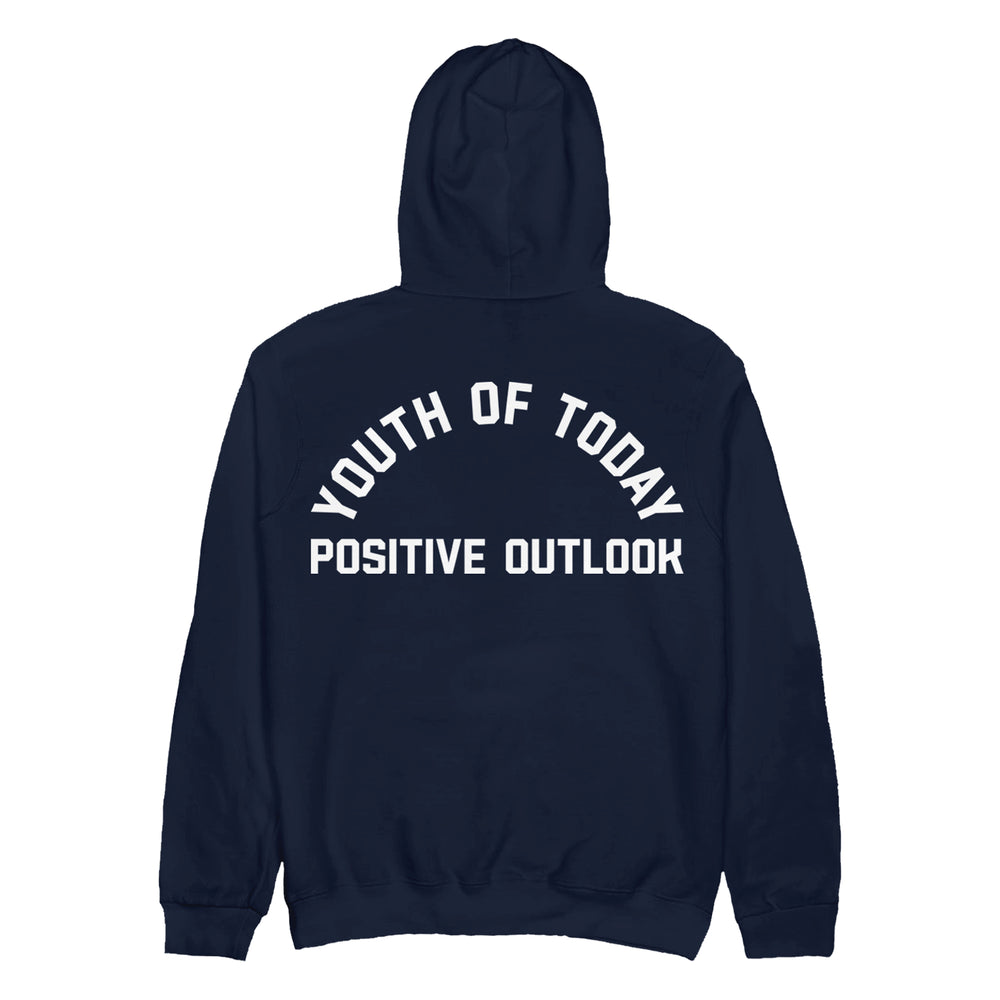 A navy blue heavyweight pullover hoodie by Youth Of Today, shown from the back with white "YOUTH OF TODAY" arched above bold "POSITIVE OUTLOOK." Available now for presale.
