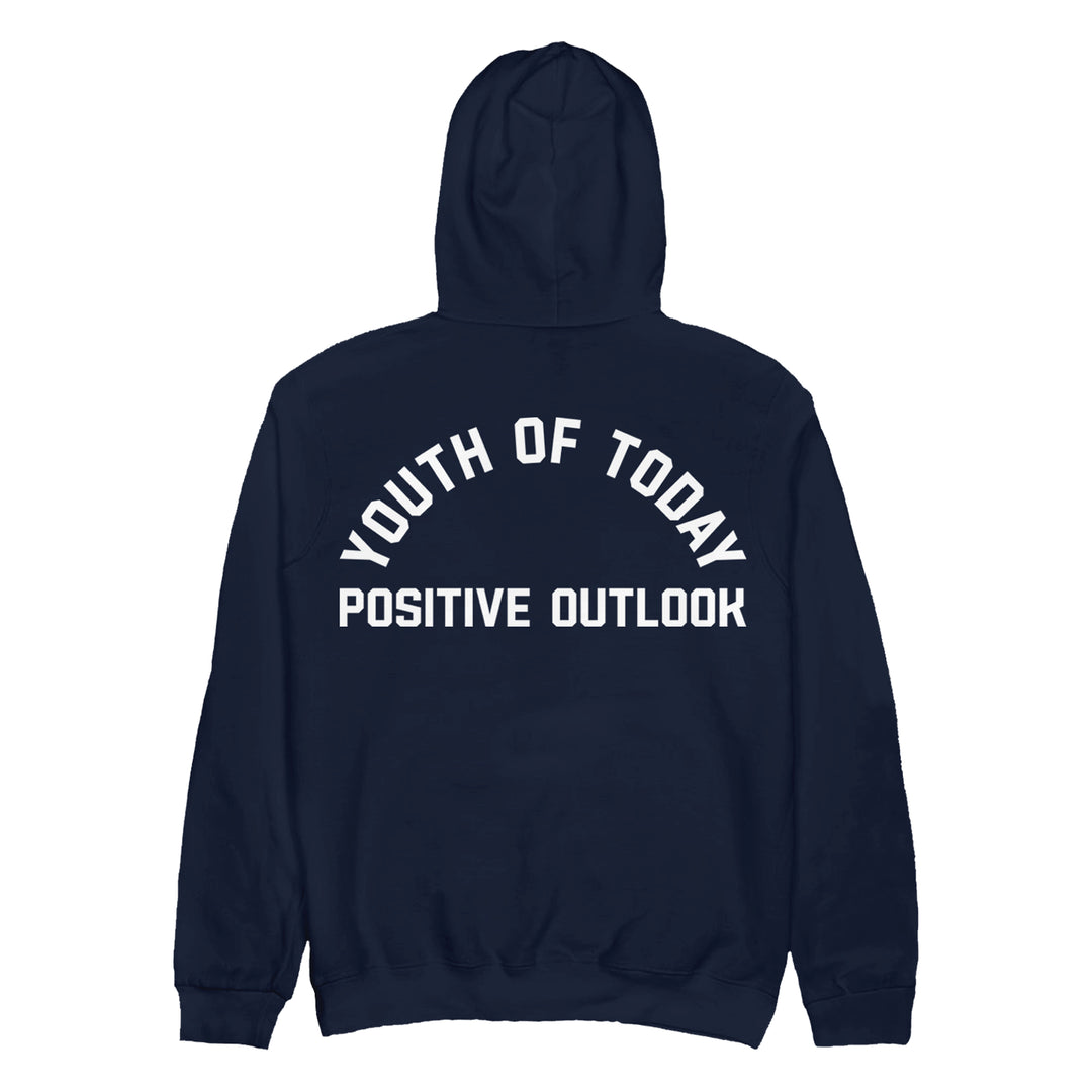 A navy blue heavyweight pullover hoodie by Youth Of Today, shown from the back with white "YOUTH OF TODAY" arched above bold "POSITIVE OUTLOOK." Available now for presale.