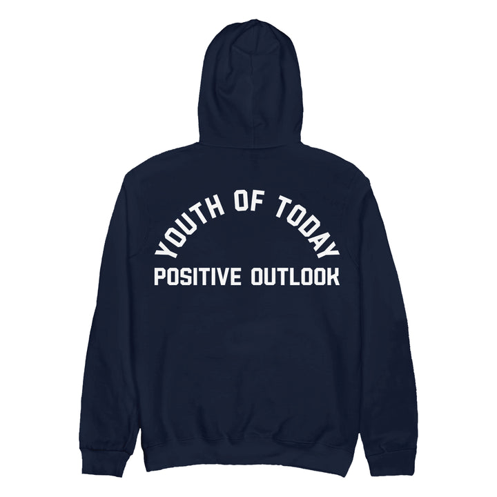 A navy blue heavyweight pullover hoodie by Youth Of Today, shown from the back with white "YOUTH OF TODAY" arched above bold "POSITIVE OUTLOOK." Available now for presale.