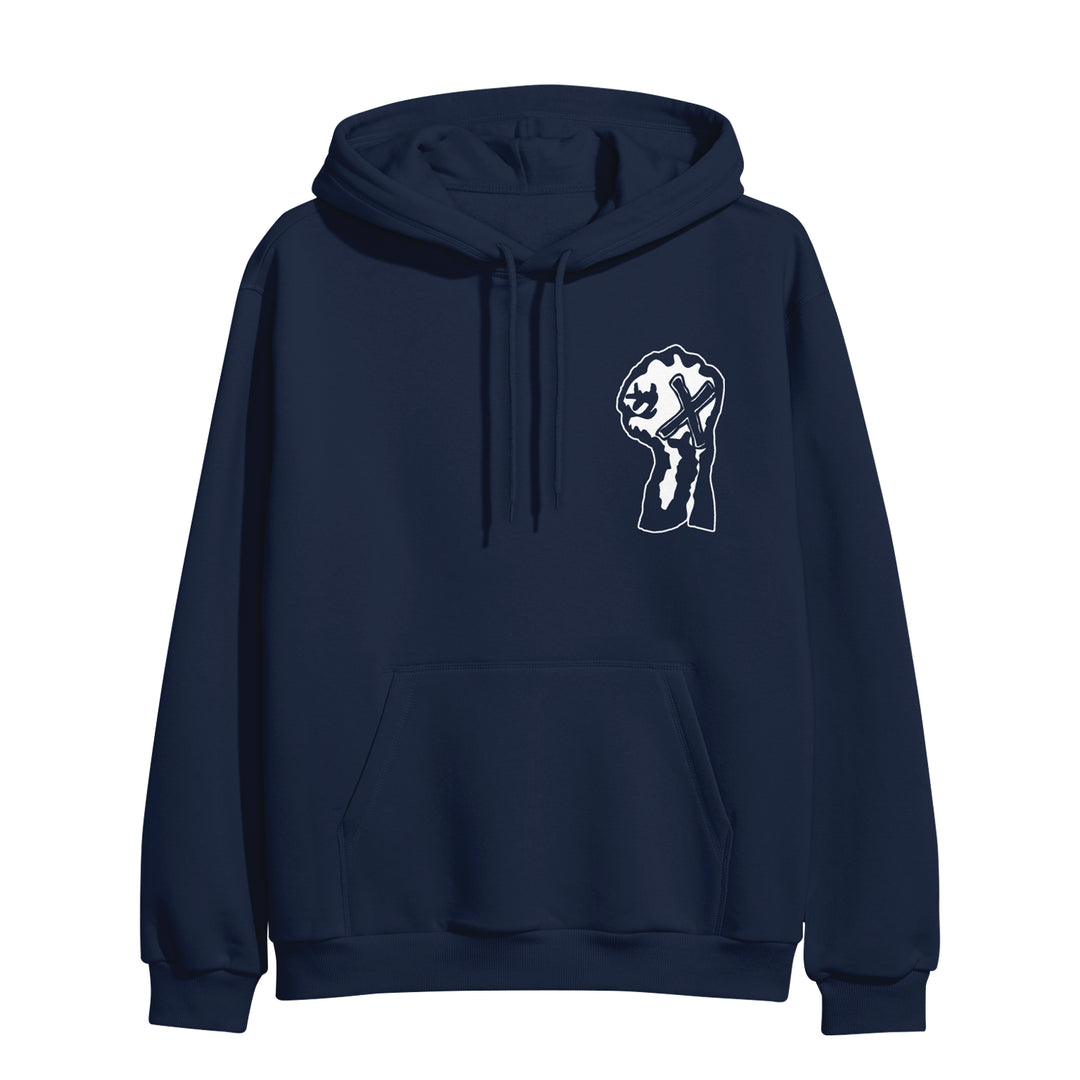 A navy blue heavyweight pullover hoodie from Youth Of Today with a front pocket and a white raised fist X graphic is on presale now.