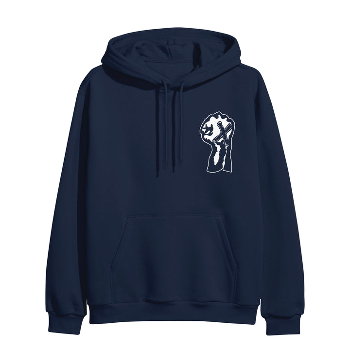 A navy blue heavyweight pullover hoodie from Youth Of Today with a front pocket and a white raised fist X graphic is on presale now.