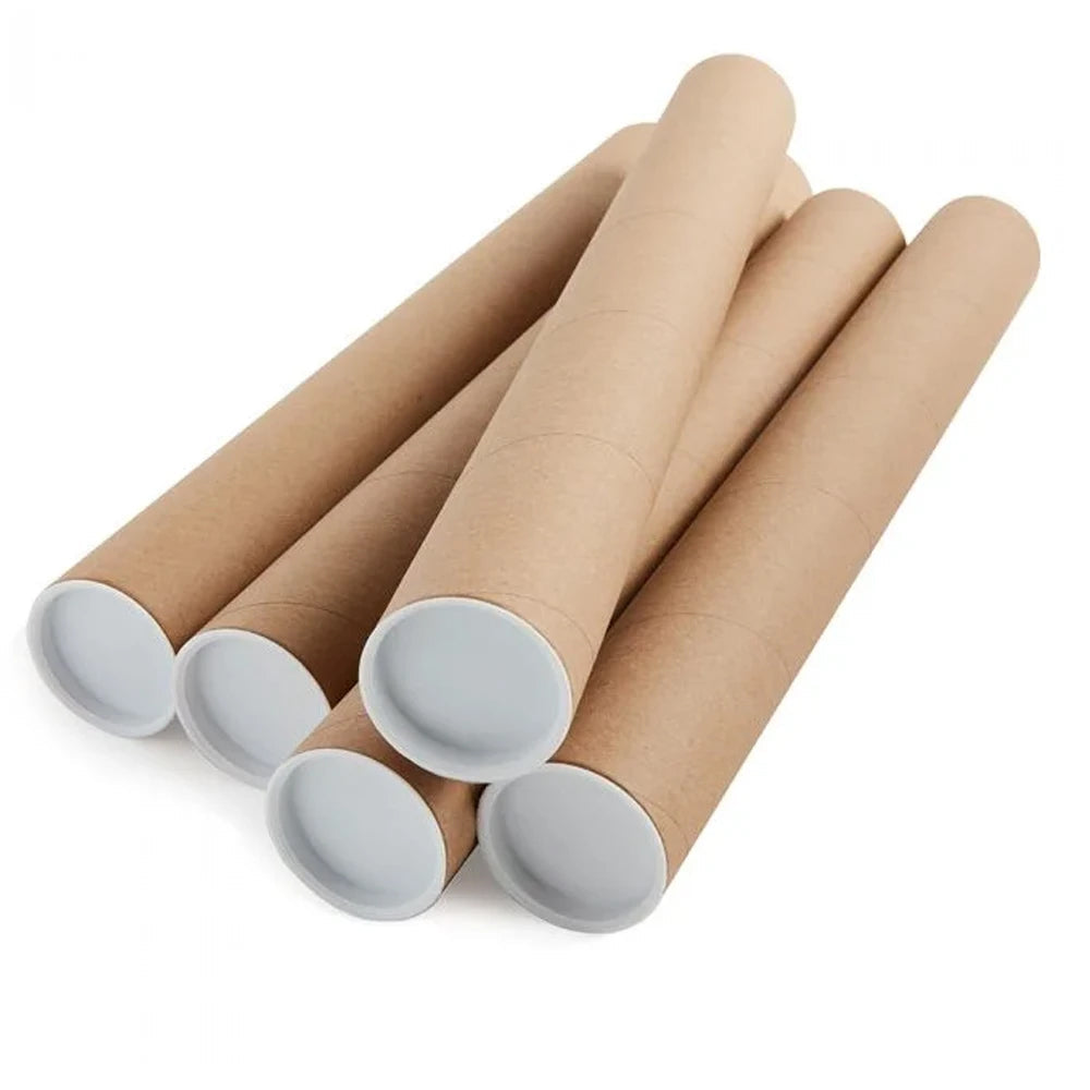 Five MerchNow brown mailing tubes with white plastic end caps, perfect for storing posters, are arranged in a fan shape on a white background.