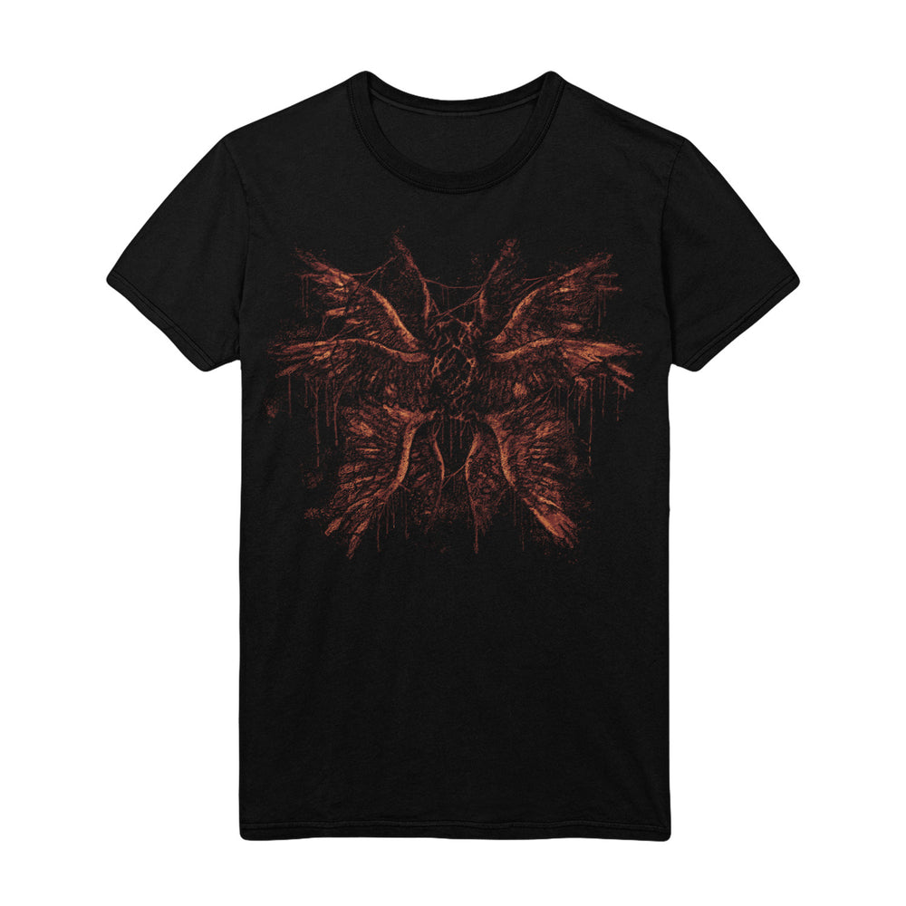 Cell’s black modern classic fit t-shirt features a dark red, abstract symmetrical wing-like design spreading from the center, crafted with soft ring-spun cotton for superior comfort.