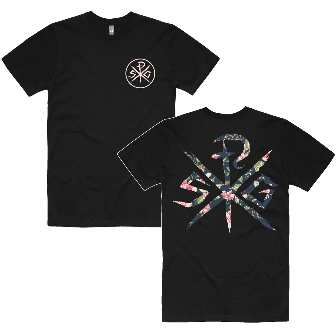 Sleeping Giant black t-shirt featuring a small circular logo with abstract, overlapping lines on the front left chest and a large floral-patterned logo on the back.