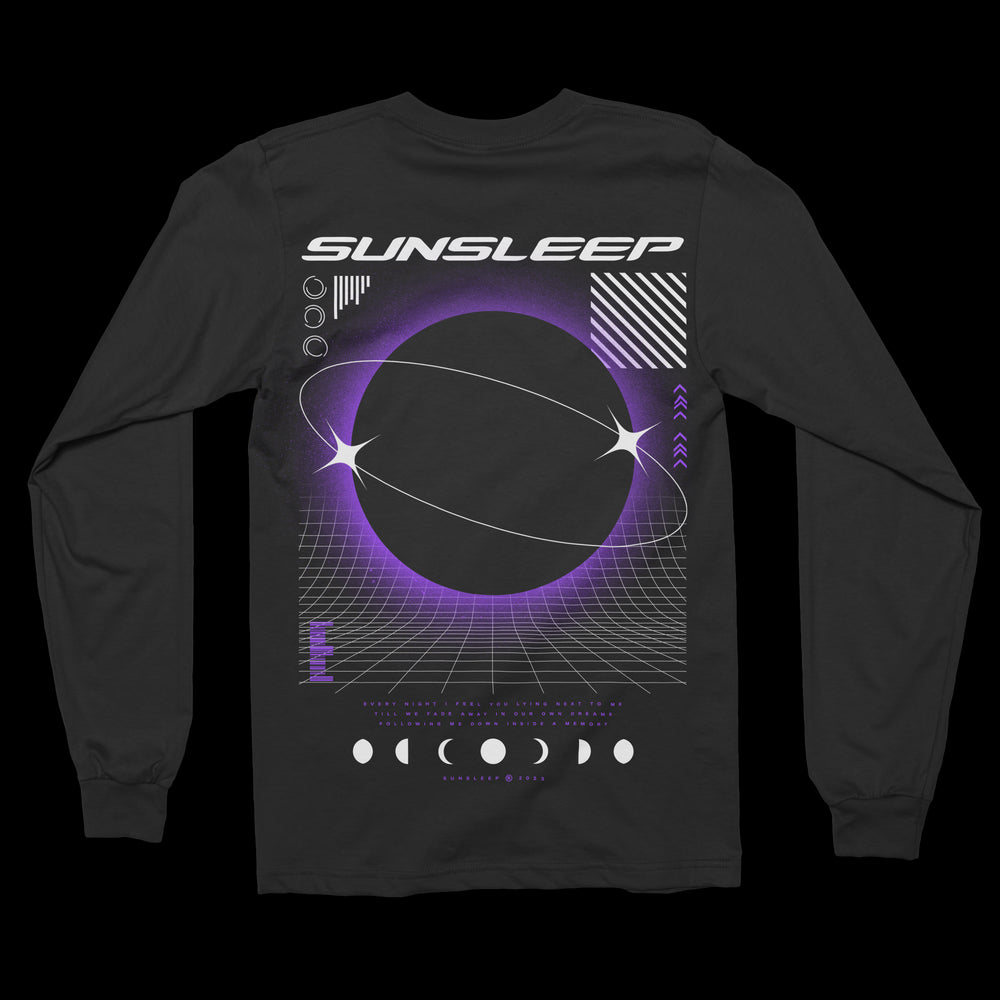 Sunsleep Stars Black Crewneck back. back has a large geometric image of a moon with stars orbiting it on the full back with the text Sunsleep in white above the image.