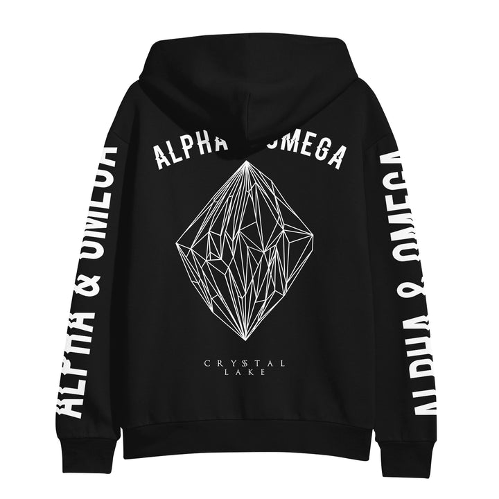 Black hoodie by Crystal Lake featuring a large geometric crystal design on the back, “ALPHA & OMEGA” above the graphic, “CRYSTAL LAKE” below, and “ALPHA & OMEGA” in bold down both sleeves.