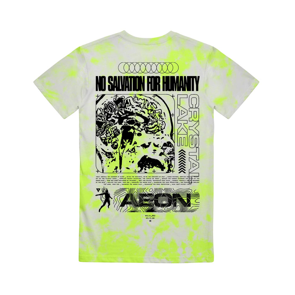 The Crystal Lake tie-dye t-shirt in white and neon yellow features bold black graphics and text on the back: NO SALVATION FOR HUMANITY, CRYSTAL LAKE, brain and animal illustrations, plus stylized geometric designs.