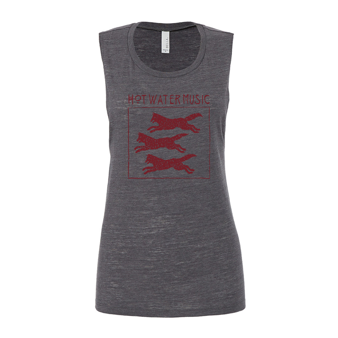 Hot Water Music sleeveless gray Dark Heather T-shirt features HOT WATER MUSIC in red over three running dog silhouettes inside a red square on the chest.