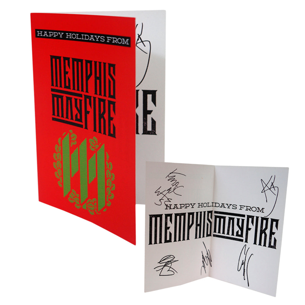 A red holiday card from Memphis May Fire features Happy Holidays from Memphis May Fire on the cover, with an interior showing the band name and several autographs.