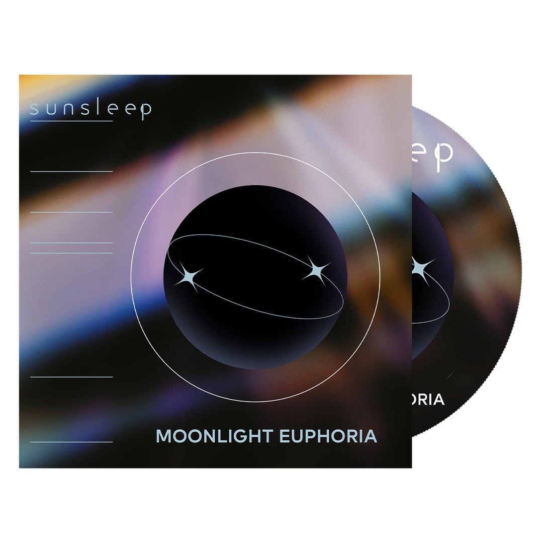 Sunsleep Midnight Euphoria CD. The album art that depicts a moon geometric symbol with some hazy colors in the background. the CD is exposed to show off the disc art which is the same as the album art. 