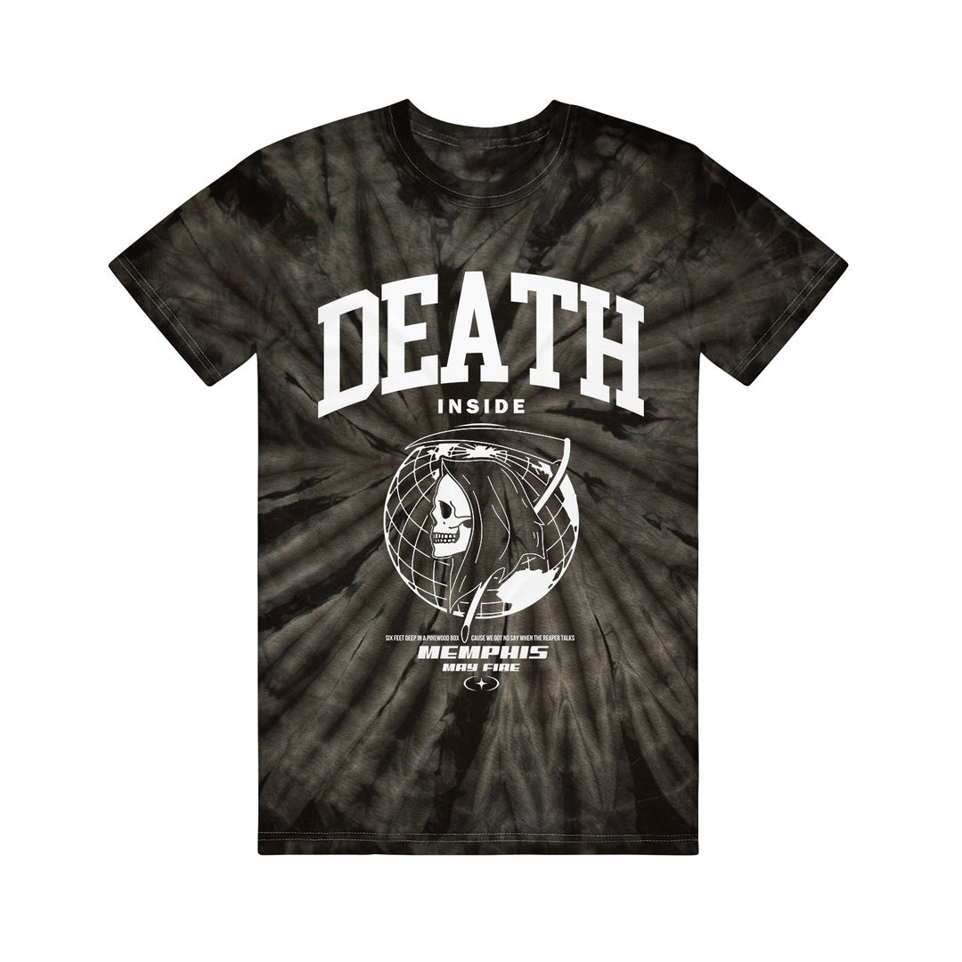 Black tie-dye t-shirt by Memphis May Fire featuring DEATH INSIDE in bold white letters over a grim reaper and globe graphic, with MEMPHIS NEW FACE and additional small text beneath the illustration.