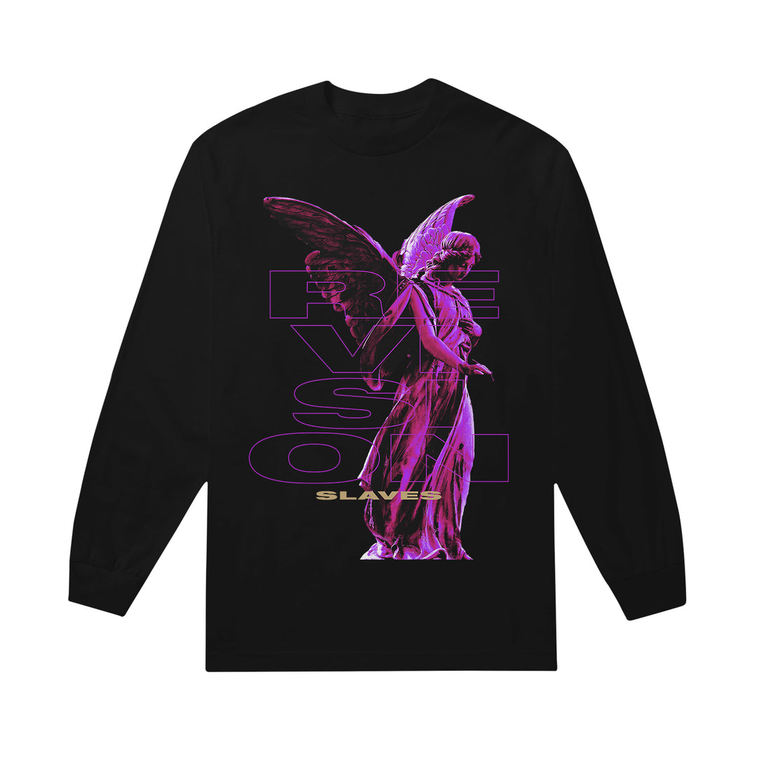 A black long-sleeve shirt by Slaves featuring a purple-toned angel statue with wings, large outlined REVISION text, and SLAVE in gold near the bottom.