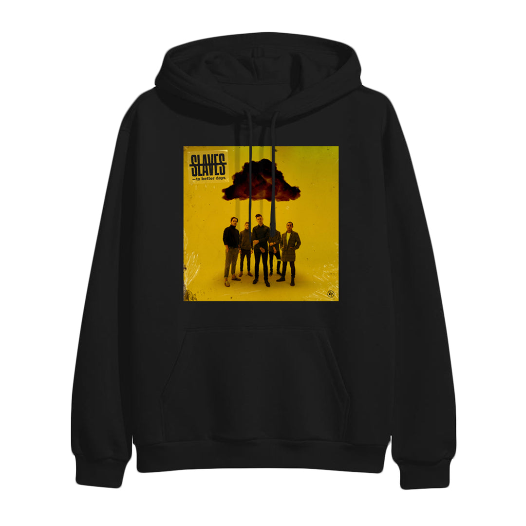 Black hoodie by Slaves featuring an album cover with four men under a dark cloud on a yellow background, and slaves text in the top left corner.