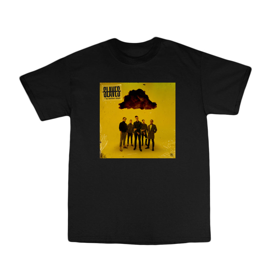 Black t-shirt by Slaves featuring a graphic of five people standing under a dark cloud on a yellow background, with slaves text in the top left corner.