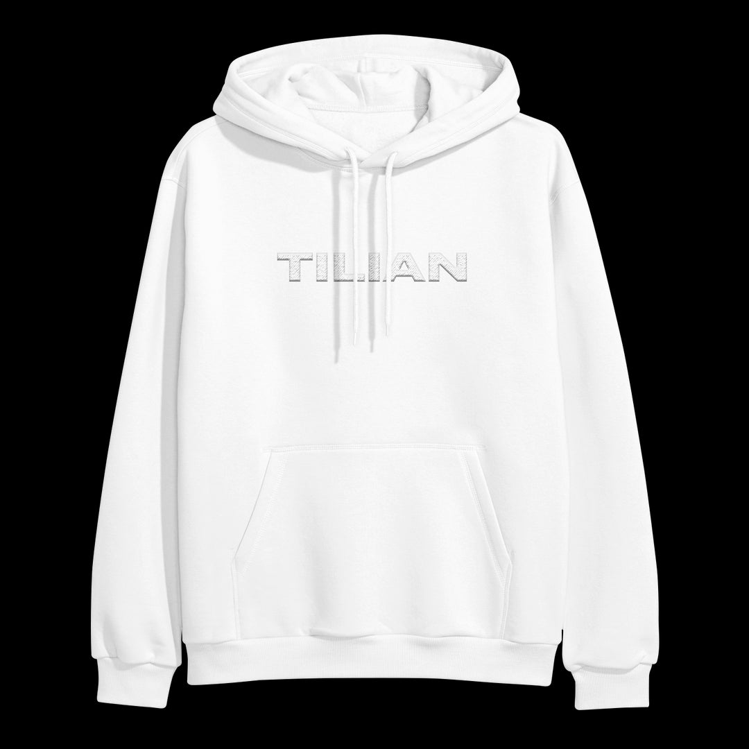 A plain white Tilian hoodie with TILIAN embroidered in gray uppercase letters across the chest, featuring a front pocket and hood with drawstrings.